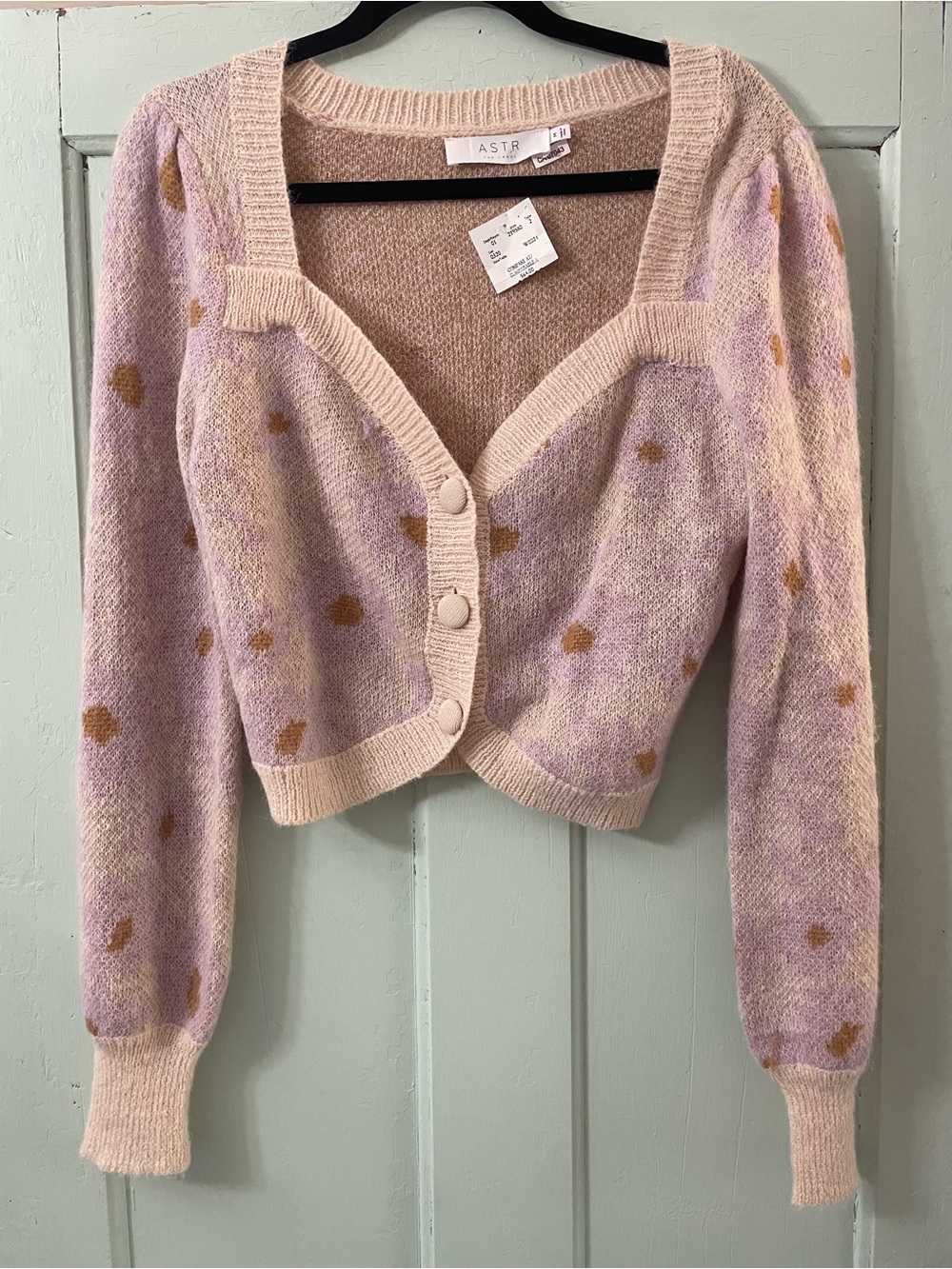 NWT Astr the Label Lilac and Tan Polka-Dot Cropped Cardigan